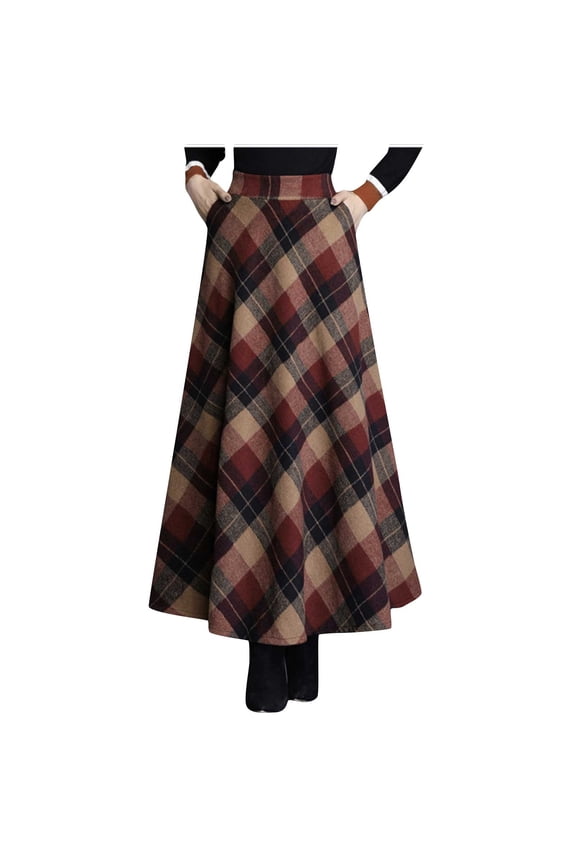 Women's Maxi Skirt Vintage High Waist Wool Blend Plaid A-Line Long Maxi Skirt Casual Fall Winter Fashion Pleated Long Skirts with Pockets