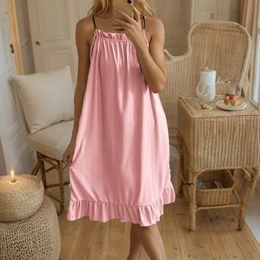 Abomasnow Women's Nightgown Loose Fit Spaghetti Straps Ruffle Hem Cami Sleepwear Comfy Sleeveless Backless Thin Pajama Suit M-2XL