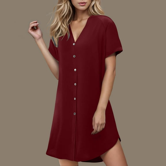 Abomasnow Women's Nightgown Short Sleeve Button Up Sleepshirt Solid Color Mini Length Sleepwear Comfy Night Dress for Women