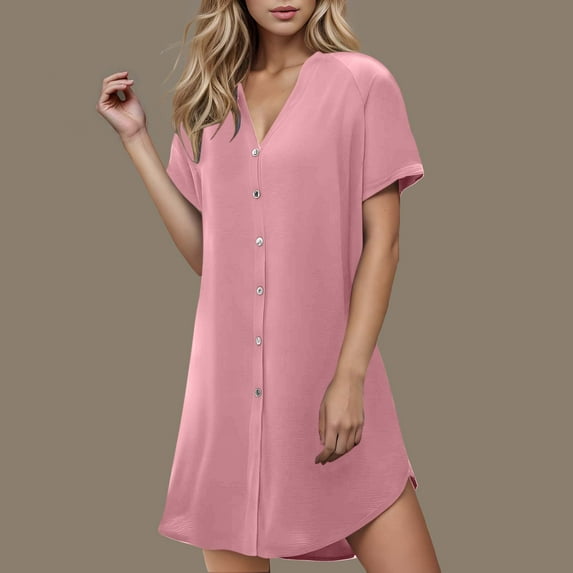 Abomasnow Women's Nightgown Short Sleeve Button Up Sleepshirt Solid Color Mini Length Sleepwear Comfy Night Dress for Women