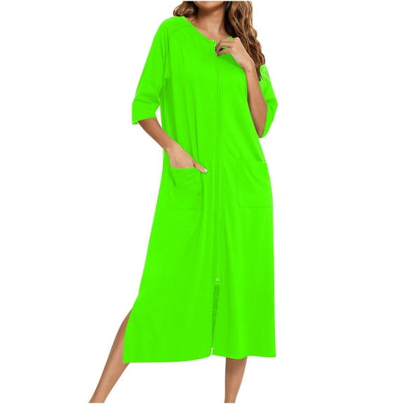Abomasnow Women's Nightgown Short Sleeve Zipper Front Sleepwear Comfy Long Loungewear Casual Full Length Housecoat with Pockets