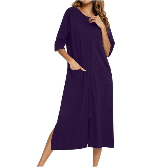 Abomasnow Women's Nightgown Short Sleeve Zipper Front Sleepwear Comfy Long Loungewear Casual Full Length Housecoat with Pockets