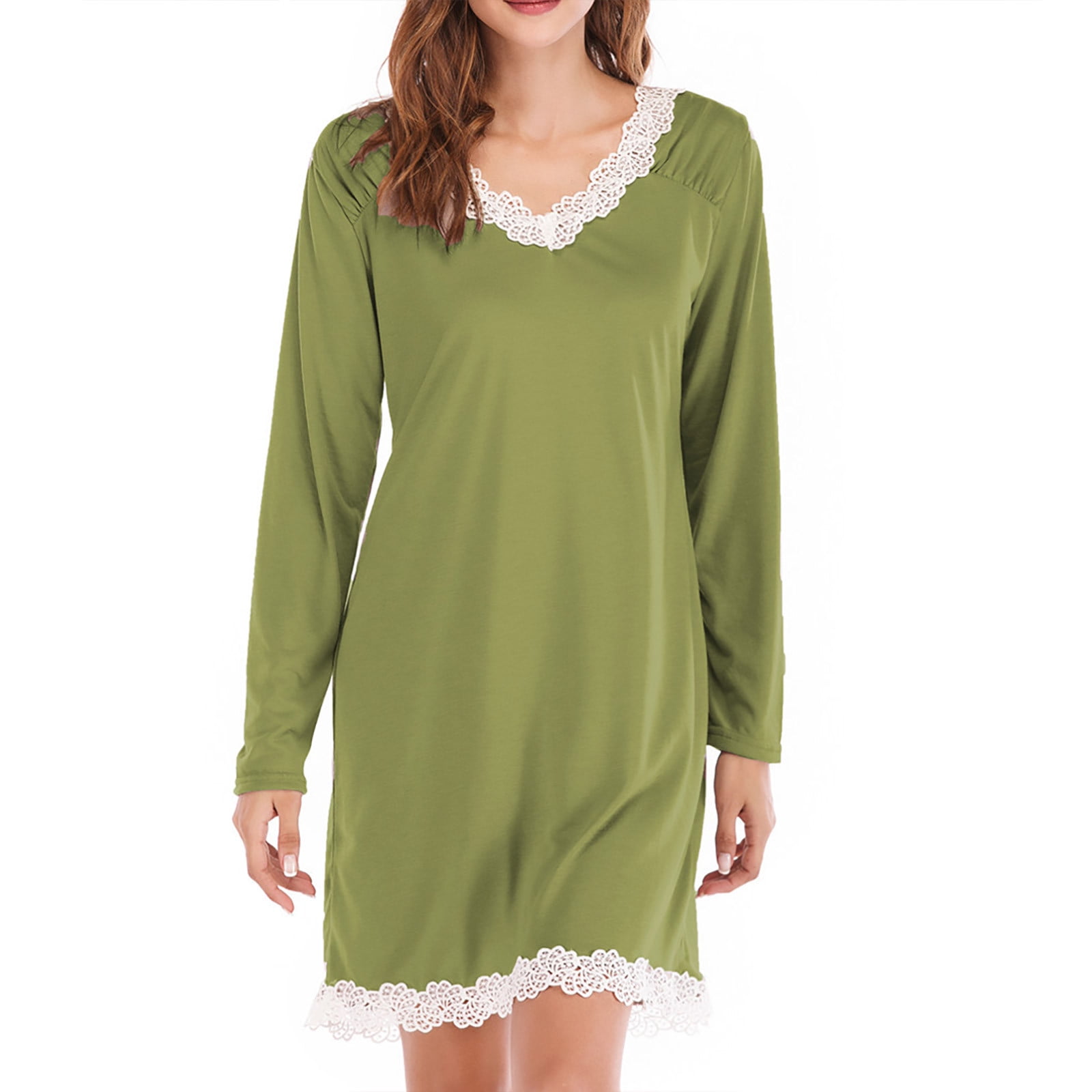 Cxenplz Women's Nightgowns Casual Fall Winter Long Sleeve V Neck Lace Trim  Dress Solid Color Loose Fit T-Shirt Dresses Plus Size Soft Lounge Pajama on  Clearance - Walmart.com