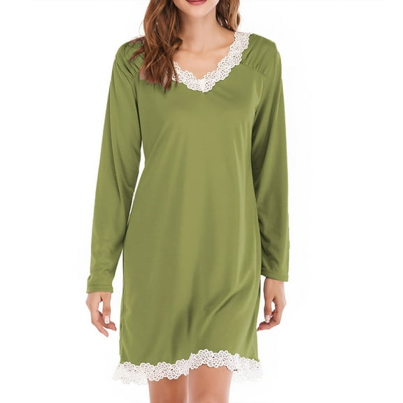 Cxenplz Women's Nightgowns Casual Fall Winter Long Sleeve V Neck Lace Trim Dress Solid Color Loose Fit T-Shirt Dresses Plus Size Soft Lounge Pajama on Clearance