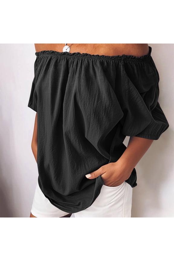 Women's Off Shoulder Tops Plus Size Ruffle Short Sleeve Ruched Blouse Casual Loose Cotton Linen Blend Shirt S-5XL