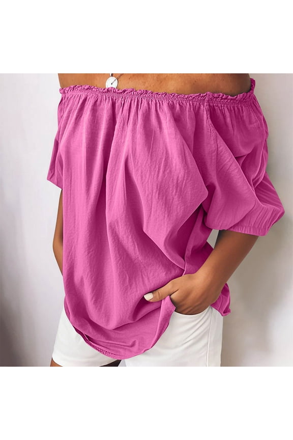 Women's Off Shoulder Tops Plus Size Ruffle Short Sleeve Ruched Blouse Casual Loose Cotton Linen Blend Shirt S-5XL