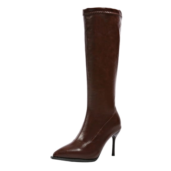 Abomasnow Women's PU Knee High Boots Pointed Toe Slim Stiletto Heel Seam Detail Pull‑On Design Tall Dress Boots for Night Out Events And Fall Winter Stylish Outfits