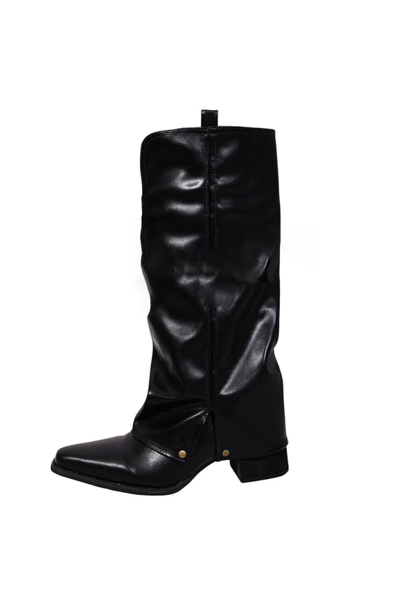 Women's PU Knee‑High Slouch Boots Snap Button Fold‑Over Cuff Square Toe Chunky Block Heel Pull‑On Tall Western Style Boots for Street Casual Daily Styling