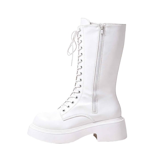 Abomasnow Women's PU Mid‑Calf Boots Front Full Lace‑Up Side Inner Zipper Closure Round Toe Thick Sole Block Heel Tall Moto Boots for Street Casual Daily Outfits
