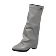 thumbnail image 1 of Abomasnow Women's PU Slouchy Knee High Boots Adjustable Buckle Strap Square Toe Low Block Heel Pull On Tall Boots for Street Trend Fall Winter Daily Semi Dressy, 1 of 9