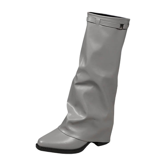 Abomasnow Women's PU Slouchy Knee High Boots Adjustable Buckle Strap Square Toe Low Block Heel Pull On Tall Boots for Street Trend Fall Winter Daily Semi Dressy