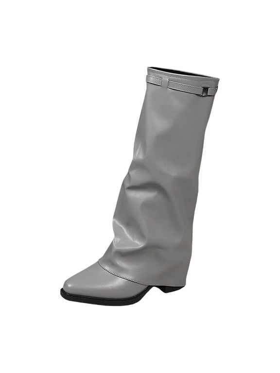 Women's PU Slouchy Knee High Boots Adjustable Buckle Strap Square Toe Low Block Heel Pull On Tall Boots for Street Trend Fall Winter Daily Semi Dressy