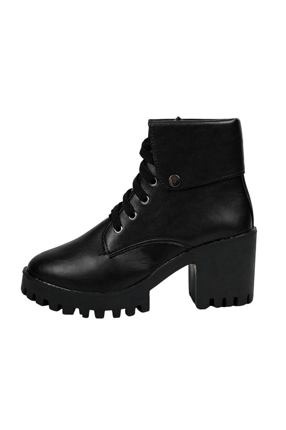 Women's PU Upper Ankle Boots Fold‑Over Cuff With Snap Button Lace‑Up Front Round Toe Chunky Block Heel Sole Short Boots for Daily Outdoor Wear