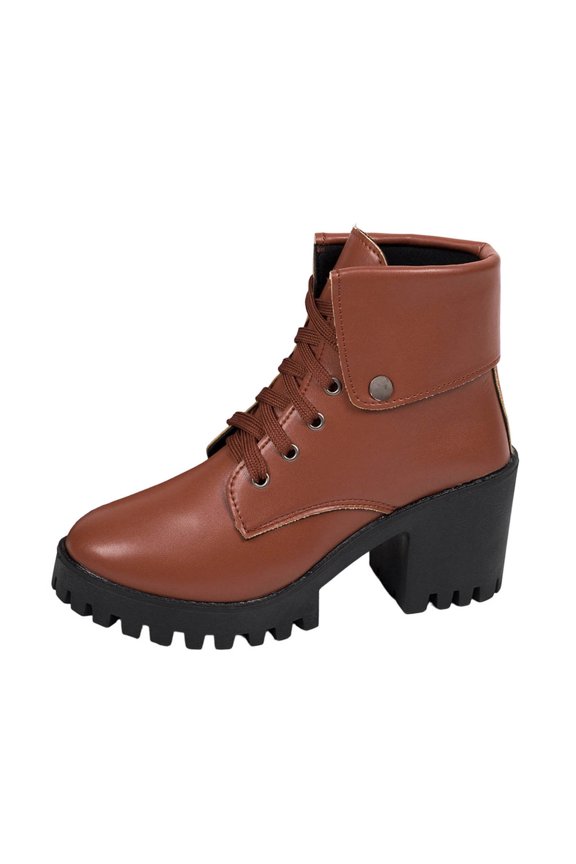 Women's PU Upper Ankle Boots Fold‑Over Cuff With Snap Button Lace‑Up Front Round Toe Chunky Block Heel Sole Short Boots for Daily Outdoor Wear