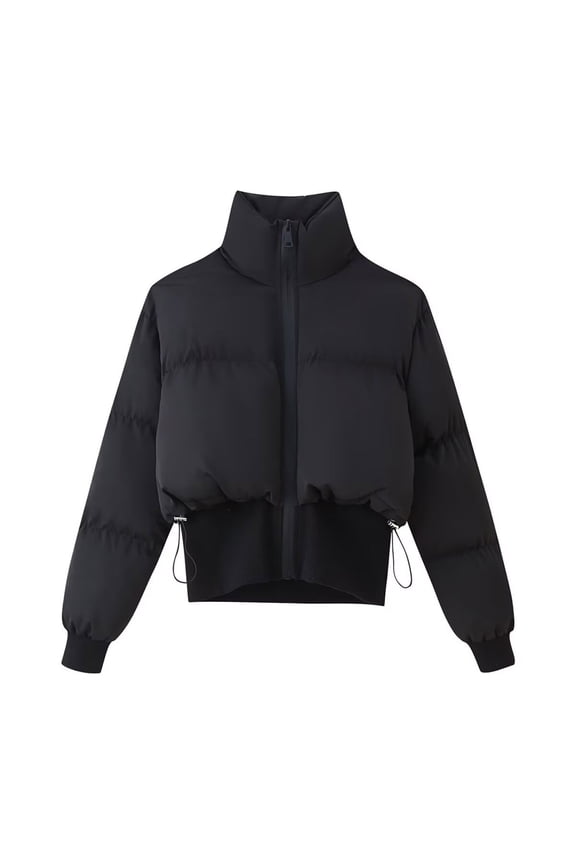 Women's Patchwork Cropped Puffer Jackets Stand Collar Casual Zipper Up Quilted Coats Winter Padded Down Outerwear