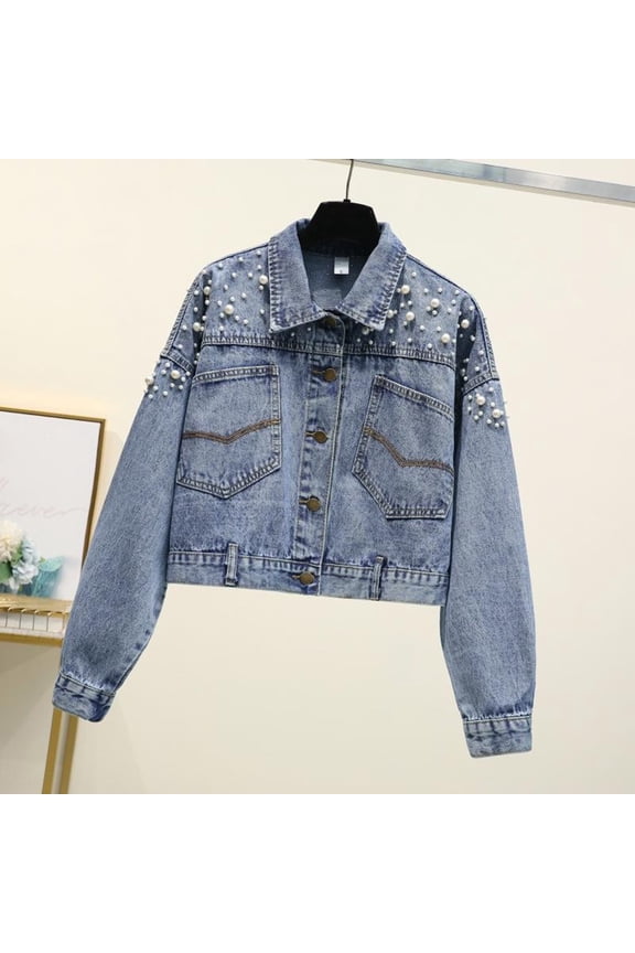 Women's Pearls Denim Jacket Cropped Rhinestones Jean Jacket Coat Distressed Button-Down Short Jean Jacket