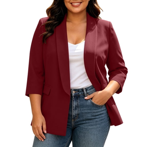 Abomasnow Women's Plus Size Blazer 3/4 Length Sleeve Open Front Shawl Lapel Dressy Jackets Work Office Business Casual Suit Jacket with Side Pockets