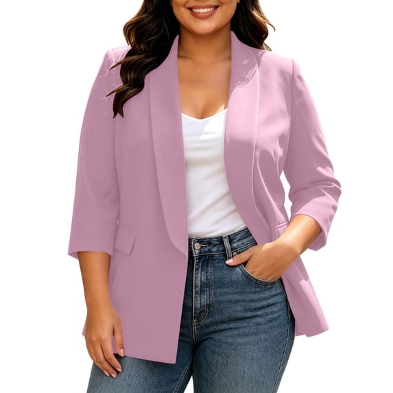 Abomasnow Women's Plus Size Blazer 3/4 Length Sleeve Open Front Shawl Lapel Dressy Jackets Work Office Business Casual Suit Jacket with Side Pockets