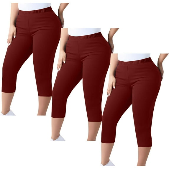 Abomasnow Women's Plus Size Capri Pants 3 Pack Slim FIt Elastic Waist Yoga Shorts Casual Solid Stretchy Athletic Bottoms Pants