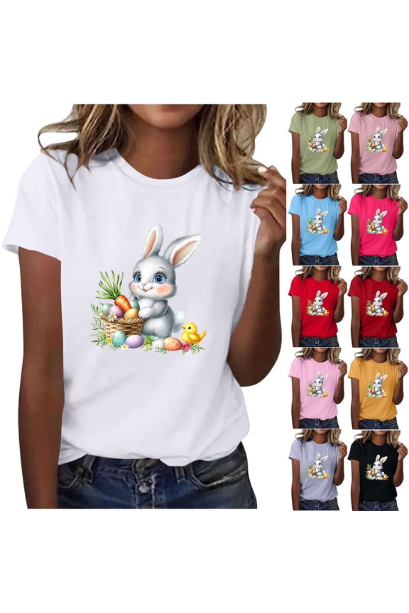 Women's Plus Size Easter Shirts Short Sleeve Crewneck Happy Easter Bunny Shirts Cute Rabbit Graphic Tee Shirts