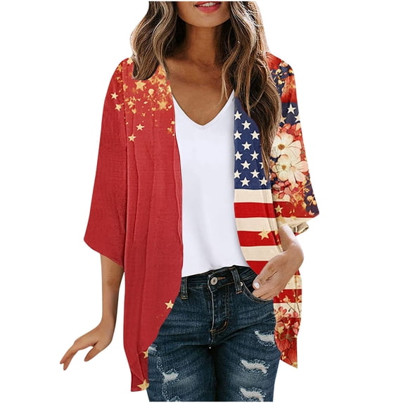 Abomasnow Women's Plus Size Jackets Independence Day Long Sleeve V-Neck Printed Cardigans Casual Soft Lightweight Coats