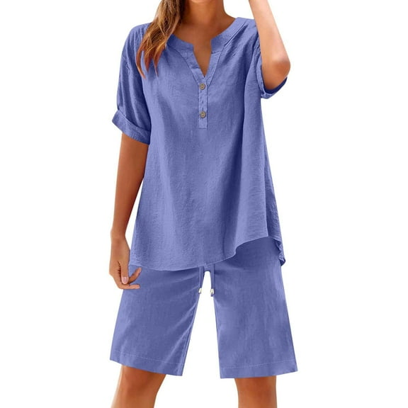Abomasnow Women's Plus Size Linen Sets 2 Piece Short Sleeve Button Down Shirts and Bermuda Shorts Outfits Summer Outdoor Sets S-5XL