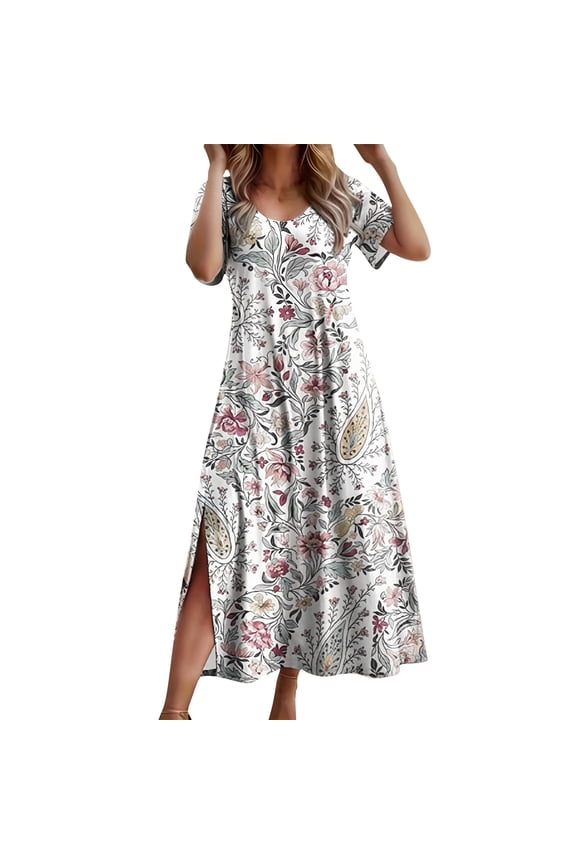 Women's Plus Size Maxi Dresses Loose Fit Floral Short Sleeve Crewneck Split T Shirt Dress Summer Vacation Clothes XL-5XL