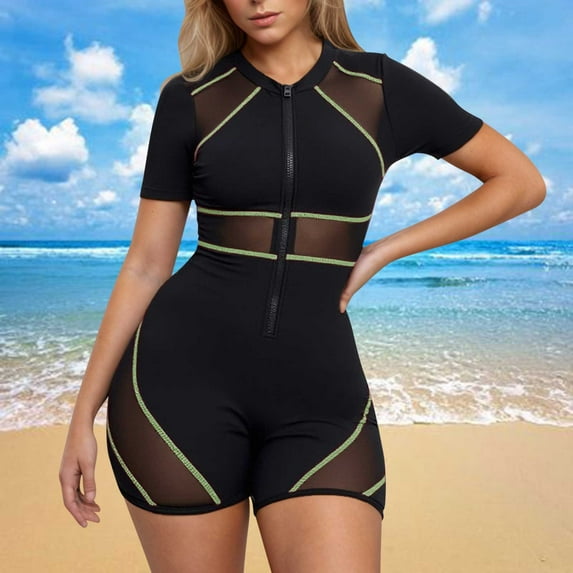 Abomasnow Women's Plus Size One Piece Swimsuit Short Sleeve Zipper Front Bathing Suit Colorblock Mesh Surfing Swimwear on Clearance
