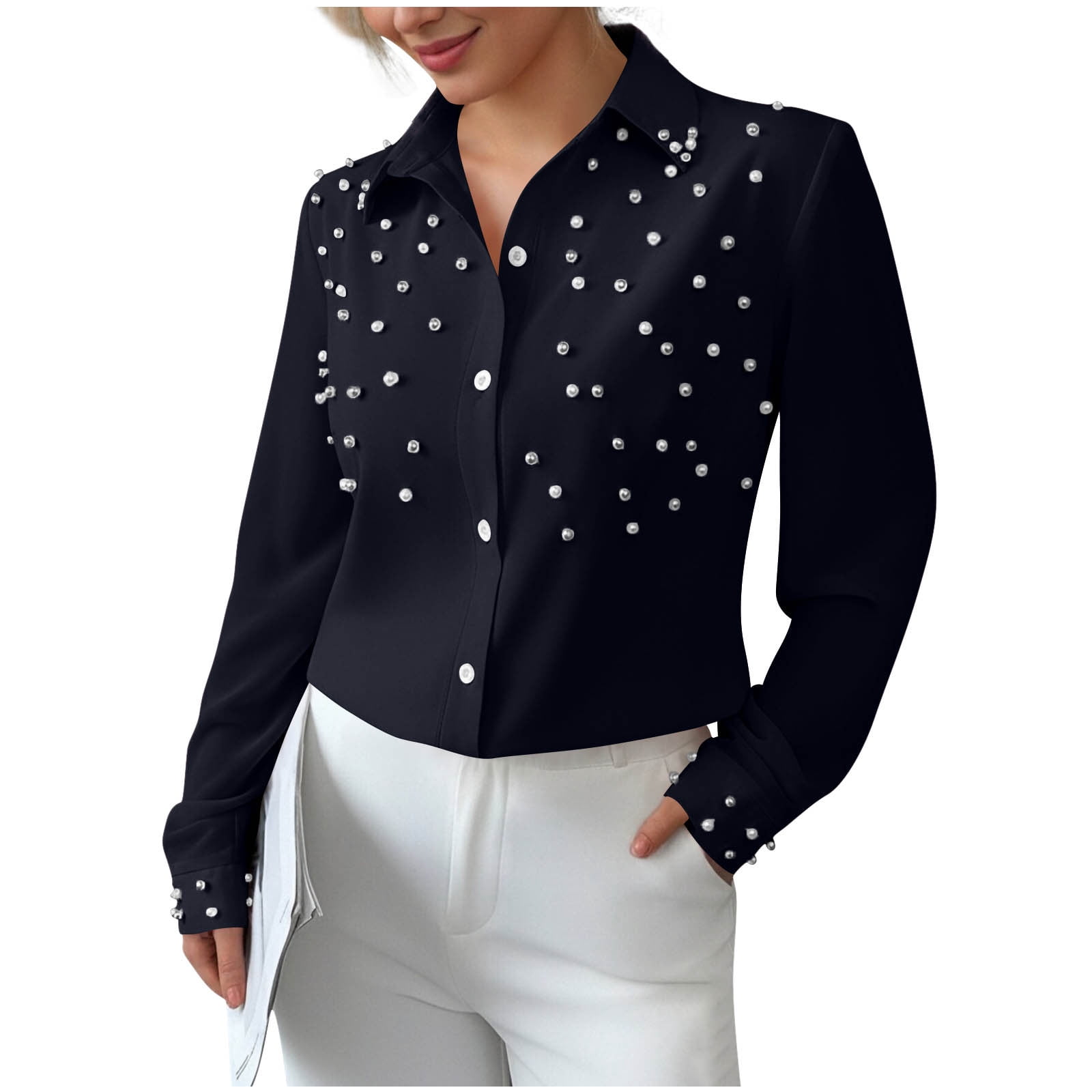 Abomasnow Women's Plus Size Pearl Elegant Tops Button Down Long Sleeve ...