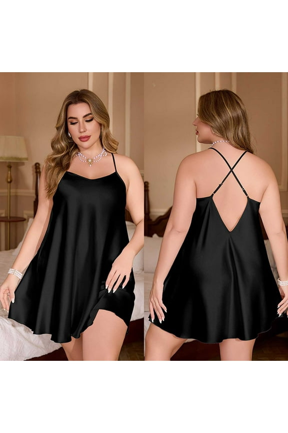 Women's Plus Size Satin Nightgown Cowl Neck Backless Silk Slip Sleepwear Spaghetti Strap Crisscross Lingerie Short Nightwear Black 4X