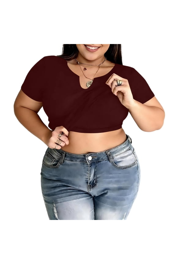 Women's Plus Size Short Sleeve Crop Tops Slim Fit V Neck Stretchy Ribbed Knit Blouse Spring Summer Going Out Tops