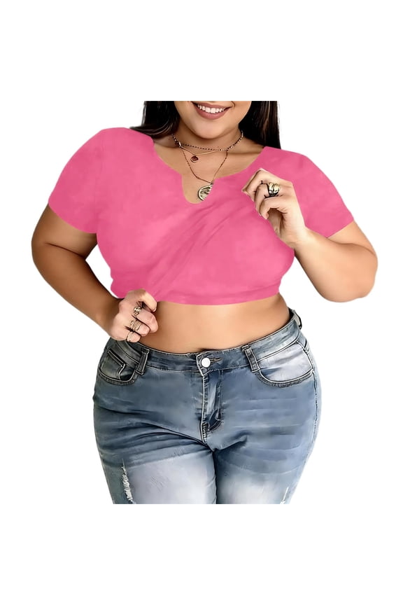 Women's Plus Size Short Sleeve Crop Tops Slim Fit V Neck Stretchy Ribbed Knit Blouse Spring Summer Going Out Tops