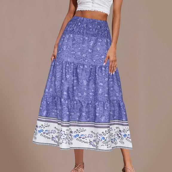 Abomasnow Women's Plus Size Skirts Elastic High Waisted Casual Skirt Summer Boho Floral Tiered Midi Skirts Dark Blue XL