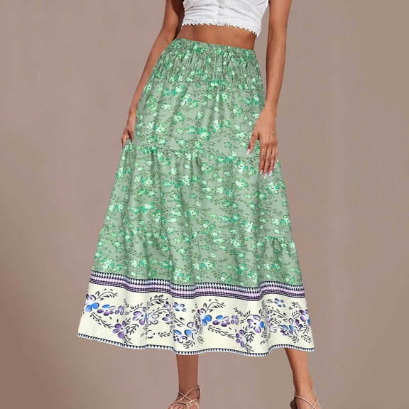 Abomasnow Women's Plus Size Skirts Elastic High Waisted Casual Skirt Summer Boho Floral Tiered Midi Skirts Green L