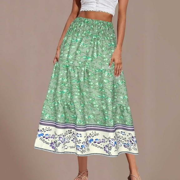 Abomasnow Women's Plus Size Skirts Elastic High Waisted Casual Skirt Summer Boho Floral Tiered Midi Skirts Green S