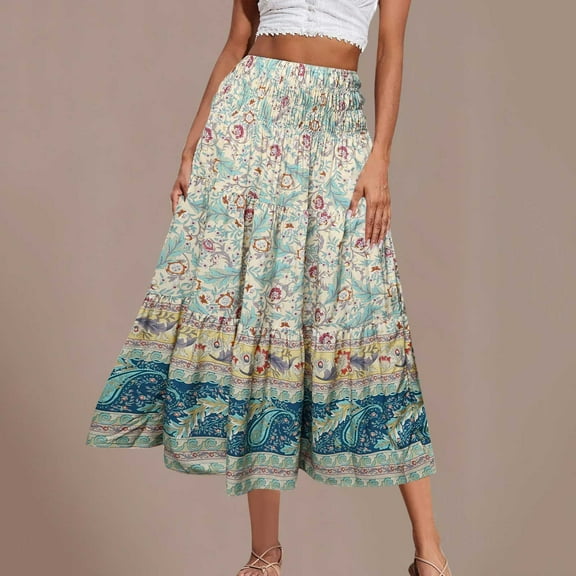 Abomasnow Women's Plus Size Skirts Elastic High Waisted Casual Skirt Summer Boho Floral Tiered Midi Skirts Mint Green L