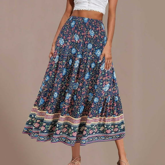 Abomasnow Women's Plus Size Skirts Elastic High Waisted Casual Skirt Summer Boho Floral Tiered Midi Skirts Navy M
