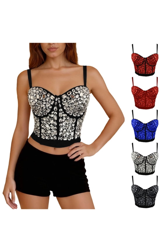 Women's Rhinestone Crystal Bustier Crop Top Casual Comfort Punk Club Party Corset Tops