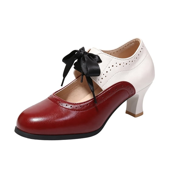 Abomasnow Women's Round Toe Two Tone Mary Jane Heels Ribbon Bow Tie Block Heel Dress Shoes Vintage Brogue Pumps for Party Daily Wear