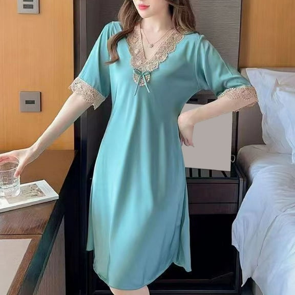 Abomasnow Women's Satin Nightgown Eyelet Lace Trim Loose Sleepwear Short Sleeve V Neck Nightdress Mid Length Lounger Dress