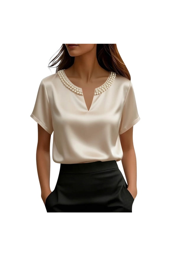 Women's Satin Silk Dressy T-Shirts Pearl Short Sleeve V-Neck Tops Work Office Business Casual Shirts