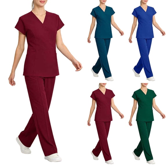 Abomasnow Women's Scrubs Set Short Sleeve V-Neck Shirts Elastic High Waist Straight Leg Jogger Pants Casual Breathable Nurse Scrub Set