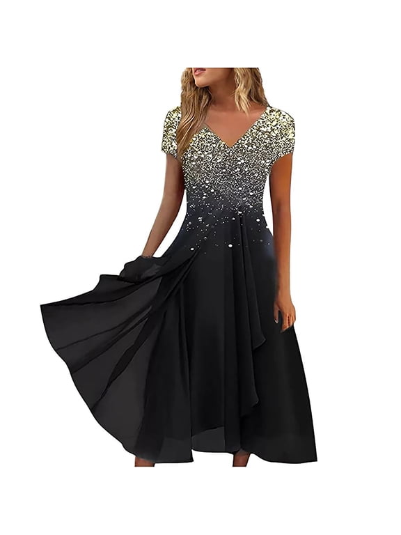Women's Sequin Dress Sparkly Glitter V-Neck Chiffon Midi Dress Short Sleeve Boho Summer Beach Midi Dress A Line Pleated Hem Cocktail Party Dress