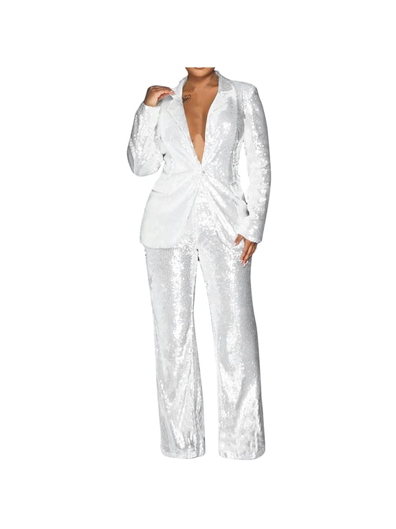 Women's Sequined Fashion Suit Set One Button 2 Piece Wedding Tuxedos Blazer Pants Prom Party Outfit