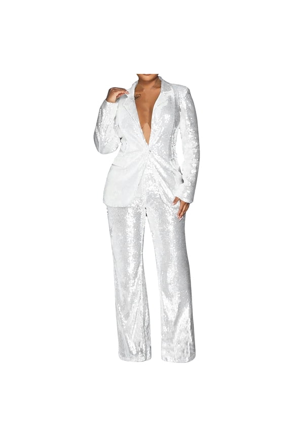 Women's Sequined Fashion Suit Set One Button 2 Piece Wedding Tuxedos Blazer Pants Prom Party Outfit