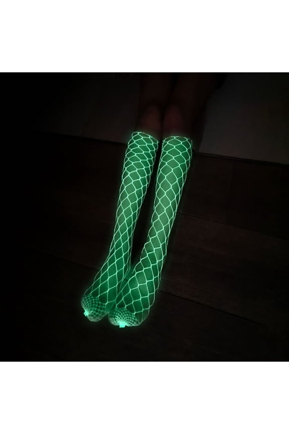 Women's Sexy High Waist Hollow Out Tights Fishnet Stockings Glow in the Dark Pantyhose Luminous Bodysuit Leggings Lingerie Pants for Glowing Party