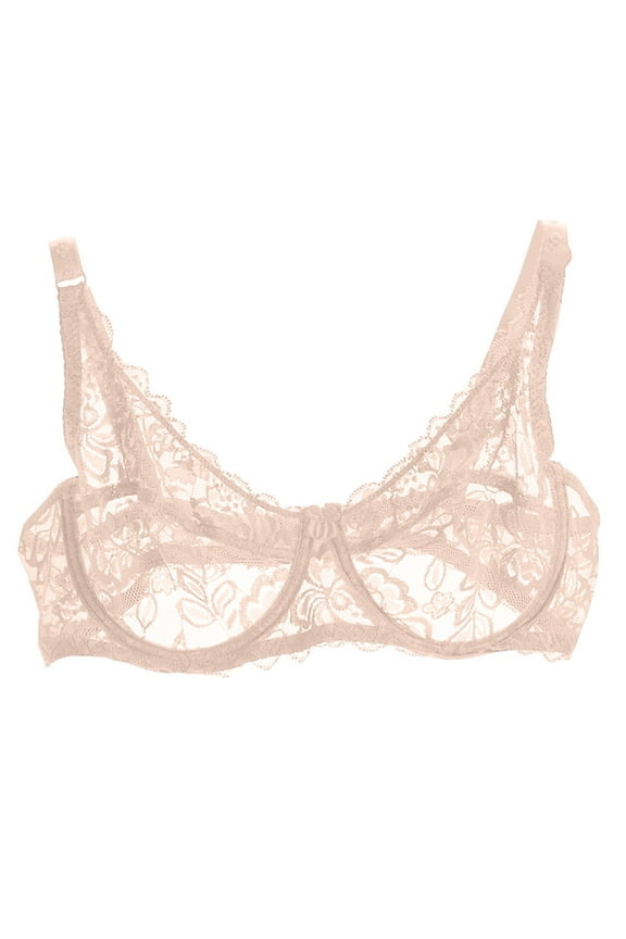 Women's Sexy Lace Push Up Plus Size Bra Demi Sheer Mesh Balconette Transparent Bralette Unlined Underwire Embroidered