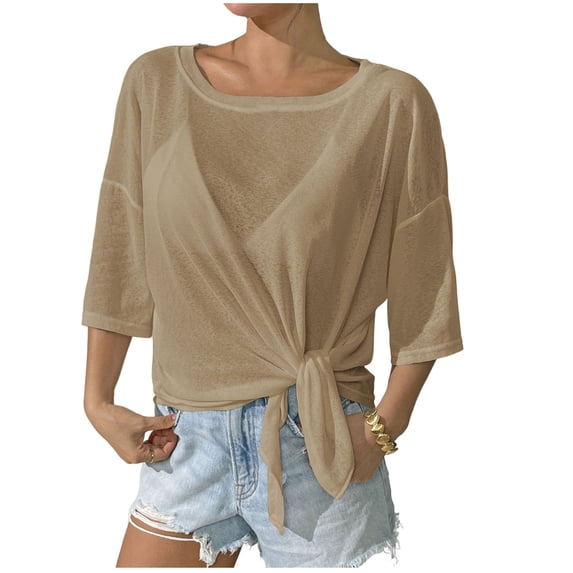 Abomasnow Women's Sheer Mesh See Through T Shirt 3/4 Length Sleeve Off Shoulder Tops Casual Beach Vocation Shirts