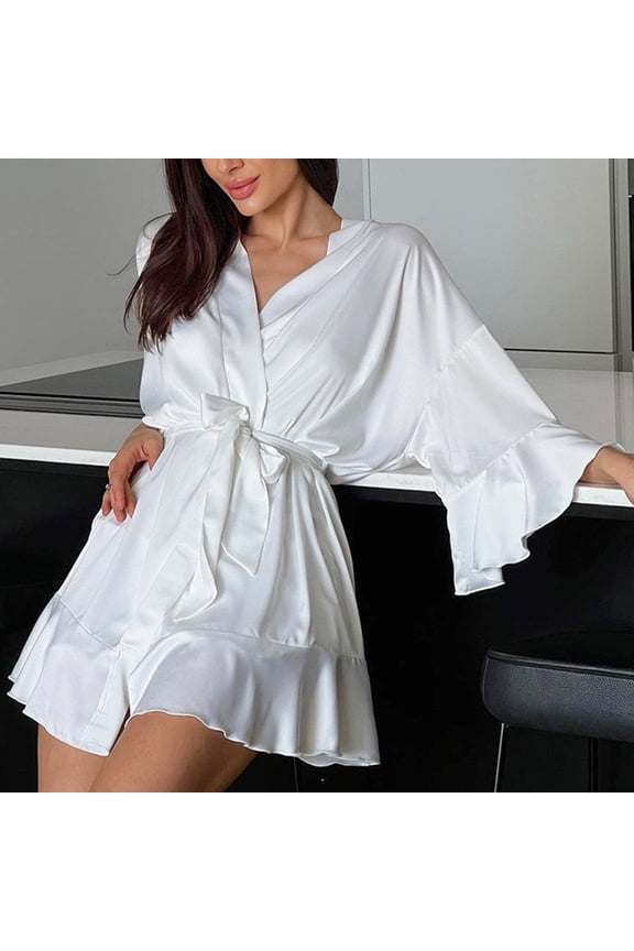 Women's Silk Robe Short Satin Kimono Robe 3/4 Sleeve Ruffle Hem Bathrobe Bridesmaid Wedding Party Princess Dress
