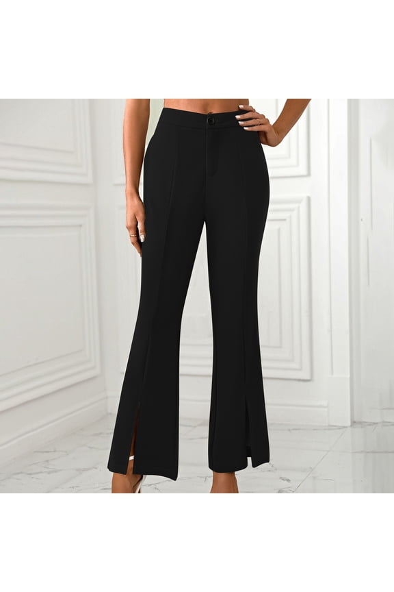 Women's Split Front Elastic High Waist Elegant Flare Leg Long Pants